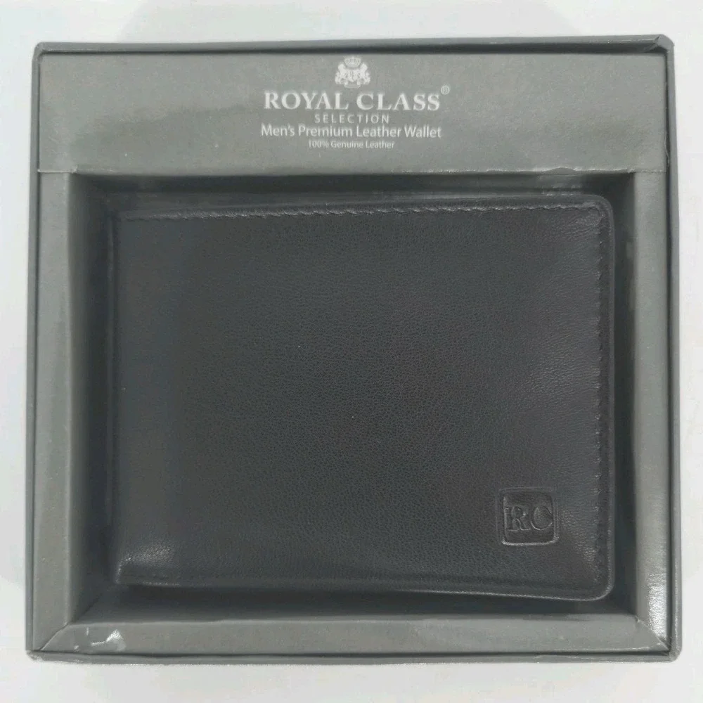 Royal Class Men's Black Genuine Leather Trifold Wallet 8 Card Slots Boxed 4.5 In